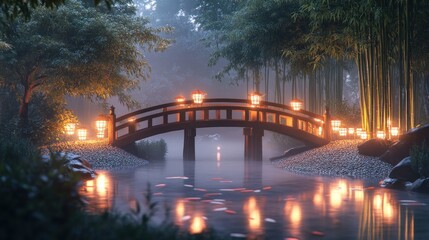 A serene bridge adorned with lanterns over a misty river, surrounded by bamboo and rocks.