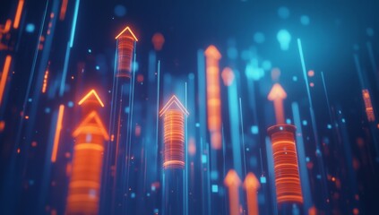 Digital growth chart with upward arrows.  Abstract illustration of rising trends and increasing values.  Dynamic visualization of  positive financial or business metrics