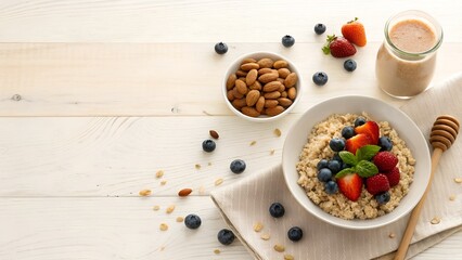 "A promotional banner showcasing a healthy breakfast for nutrition and fitness. A plate of oatmeal with almonds, honey, and berries, alongside a protein shake. Light wooden background, soft natural .