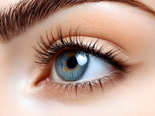 Obraz premium A close-up shot reveals a captivating blue eye with perfectly shaped eyebrows and long lush eyelashes showcasing flawless makeup artistry.