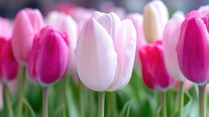 Obraz premium Close-up of vibrant pink and white tulips in full bloom, arranged in a neat row, showcasing their delicate petals and lush green stems, and nature beauty concept.