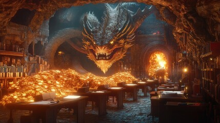A dragon in a cavernous lair surrounded by molten gold and desks, suggesting a fantasy setting.
