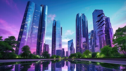 Obraz premium A low-angle view of tall, reflective glass skyscrapers framing a vibrant green tree