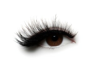 Obraz premium A single eye with dramatic long dark false eyelashes is shown against a pure white background ideal for beauty and makeup advertisements.