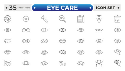 Essential Eye Care and Vision Health outline Icon Set. Optometry, Surgery, and Optical Tools. Editable stroke outline icon.

