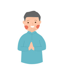 Smiling Elderly Man in Teal Shirt, Hands Pressed Together in Greeting