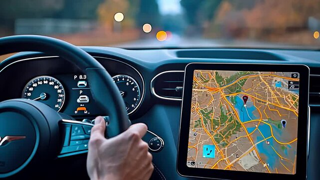 Driver Using Navigation System with Map on Touchscreen in Car

