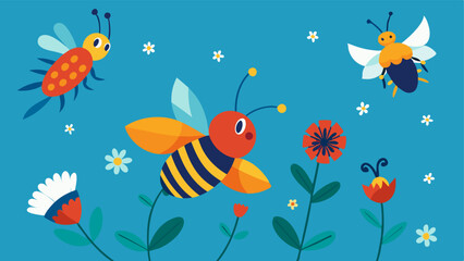 Naklejka premium Diverse Pollinator Confusion An showing diverse native pollinators confused around many different invasive flowers instead of their accustomed native ones pointing to