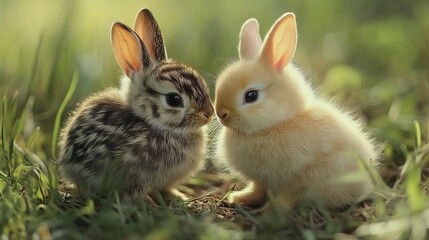 Adorable fuzzy chicks and bunnies playing together in a spring meadow