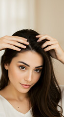 Fototapeta premium A woman with long brown hair touching her head, looking directly at the camera.