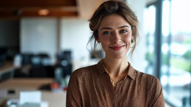 Attractive businesswoman posing at her work place with coworkers in the background.