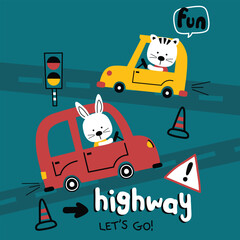 Cartoon rabbit and cat driving cars on highway with traffic cones lights and fun text in playful travel scene on teal background. Kids transportation concept
