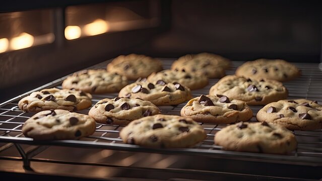 Freshly baked chocolate chip cookies cooling on a wire rack with a warm