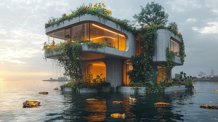 Futuristic eco-friendly house on water at sunset.