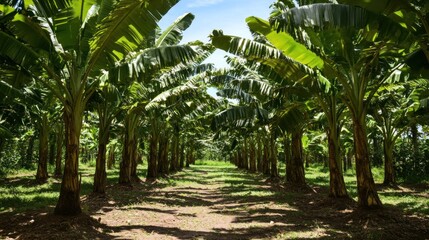 Obraz premium Lush banana plantation with tall green trees and clear blue sky.