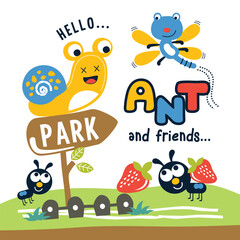 Cartoon ants with smiling snail and dragonfly around park sign with strawberries and hello text in fun nature scene. Insect character concept

