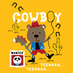 Cartoon bear dressed as cowboy holding lasso and hobby horse with wanted poster and cacti in fun wild west scene on yellow background. Western adventure concept
