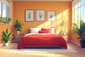 Modern Bedroom Interior Design with Orange Accents and Houseplants for a Cozy, Inviting Atmosphere