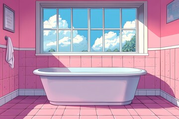 Naklejka premium Tranquil Pink Bathroom with Bathtub & Scenic Window View - Modern Interior Design & Decor Inspiration