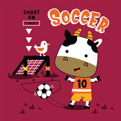 Cartoon cow wearing number ten jersey kicking soccer ball toward goal with shoot on target text and bird on net in fun sports scene. Kids activity concept
