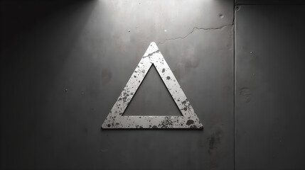 Weathered triangular road sign on concrete wall
