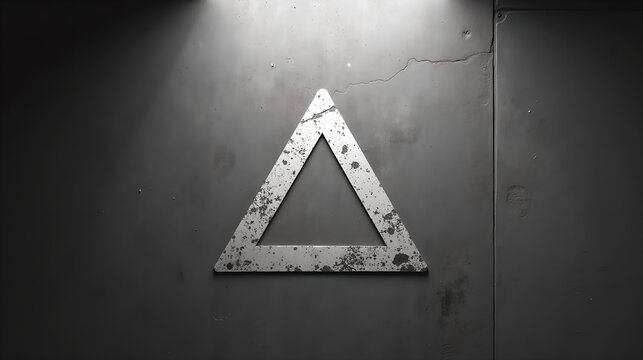 Weathered triangular road sign on concrete wall
