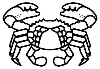 icon line art of a crab seen from the underside. The crab is depicted with a detailed abdomen segmented legs and large claws raised on each side.