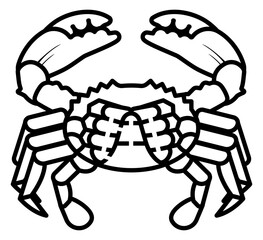 icon line art of a crab seen from the underside. The crab is depicted with a detailed abdomen segmented legs and large claws raised on each side.