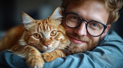 Happy man cuddling ginger cat.