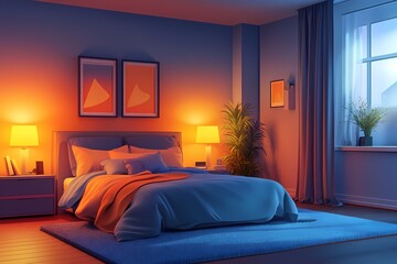 Modern Bedroom Interior Design: Cozy Atmosphere with Blue Tones and Soft Lighting for a Peaceful Retreat