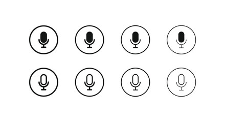 Microphone icon set. Different microphone collection. Podcast mike, journalist microphone, karaoke, conference. Microphone vector icon set. Microphones audio podcast vector icons.