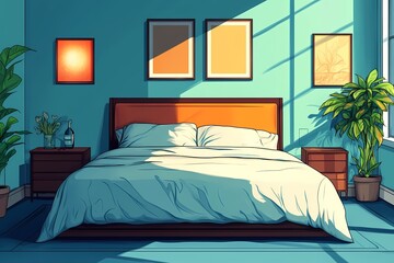 Modern Minimalist Interior Design: Vibrant Bedroom Decor with Artwork, Plants, and Cozy Furniture in Light-Filled, Stylish Living Space