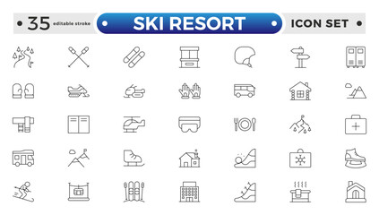 SKI Resort outline icon collection. Set skiing stylized and mountain. Editable stroke outline icon.
