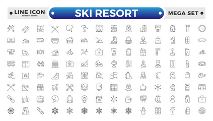 SKI Resort outline icon collection. Set skiing stylized and mountain. Editable stroke outline icon.
