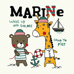 Cartoon bear and giraffe in striped sailor outfits holding lifebuoy and anchor with boat and marine text in nautical setting. Ocean adventure concept
