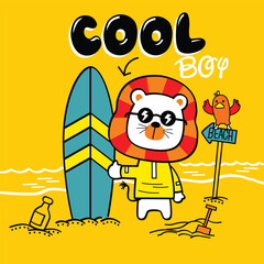 Cartoon lion wearing yellow hoodie standing with surfboard near ocean waves and beach sign in cool summer scene. Beach lifestyle concept
