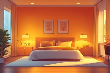 Cozy and Modern Bedroom Interior Design with Warm Lighting and Orange Accents for a Luxurious and Serene Atmosphere
