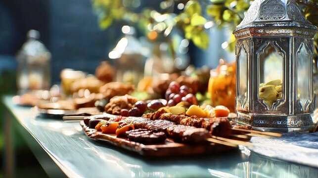 Indonesian Iftar Feast: Skewers, Fruits, and Ornate Lanterns Under a Gentle Evening Light. 