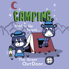 Cartoon tiger and giraffe camping at night in forest with tent stars and lantern. Outdoor adventure concept
