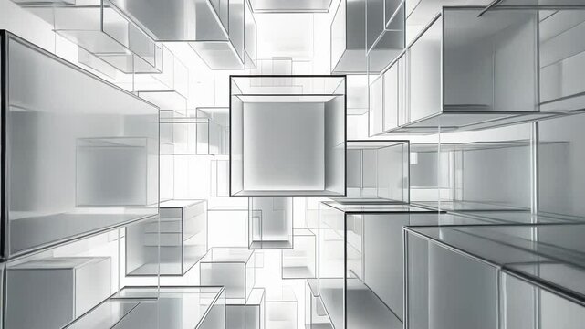 The image features array of transparent , white cubes arranged in abstract composition, creating depth , sense of floating in space. The minimalist aesthetic adds modern touch to geometric design.