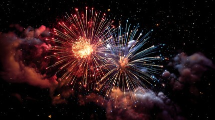 Radiant fireworks illuminate the night sky, creating a mesmerizing spectacle with bursts of color and light against the darkness.