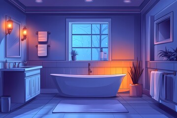 Modern Cozy Bathroom with Blue Light Ambiance and Relaxing Bathtub: A Tranquil Retreat for Serenity and Comfort