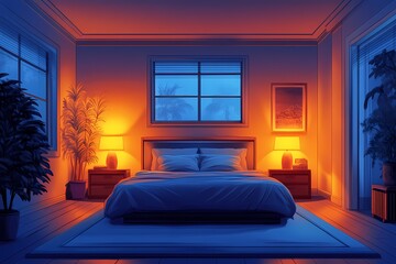 Modern Bedroom Interior Design: Cozy Blue Tones and Warm Lighting for a Tranquil Sleep Space