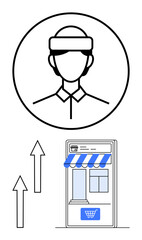 User avatar headshot above mobile storefront with upward arrows symbolizing business growth, digital commerce, success. Ideal for e-commerce, entrepreneurship, marketing, sales, technology