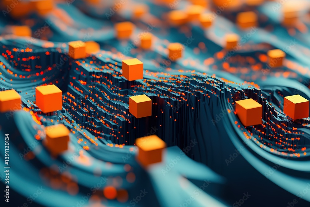 Poster abstract terrain with orange cubes and points on a wavy surface depth of field