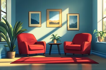 Modern Interior Design with Red Chairs and Natural Light: Cozy Living Room Decor Featuring Contemporary Furniture, Wall Art, and Potted Plants