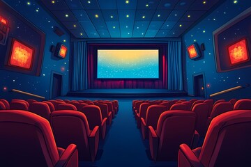 Fototapeta premium Modern Cinema Theater: Vibrant Movie Screen Venue with Starry Ceiling, Cozy Seating and Immersive Experience for Film Lovers