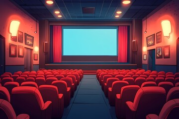 Fototapeta premium Immersive Empty Movie Theater with Red Chairs and Artistic Ambiance for a Modern Cinema Experience
