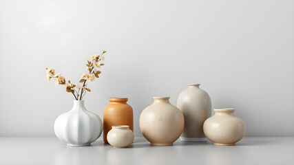 Home decoration ceramic vases and pots on grey background with space. 3d rendering.