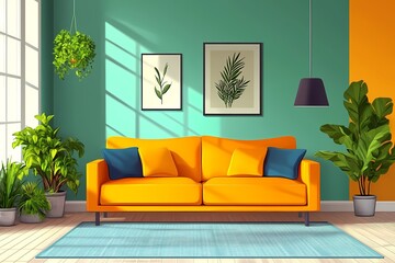 Vibrant and Cozy Living Room with Orange Sofa and Green Wall featuring Indoor Plants and Modern Decor